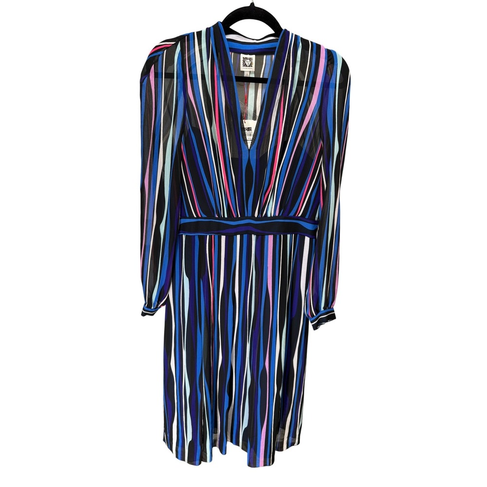 Anne Klein Stripe Midi Dress Womens 12 Blue Stripes Long Sleeve Chiffon Business